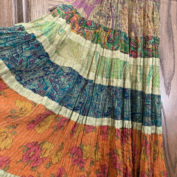 Crinkle Skirt, Long Multi-Color dominant shades Orange & Green. Anu size M, Line - Picture 2 of 6